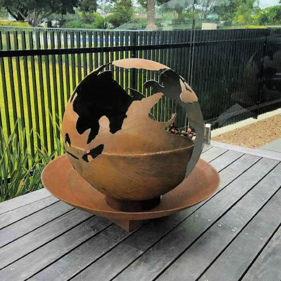 Fire Pit: World Globe on a deck