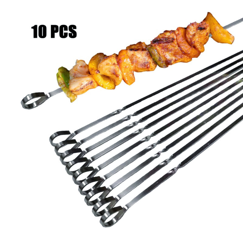close up view showing 10 skewers and one with grilled food on it