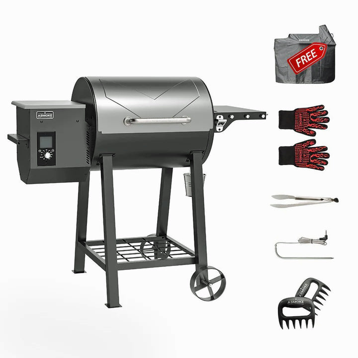 ASMOKE Pellet Smoker AS500N, front view with lid closed showing included accessories