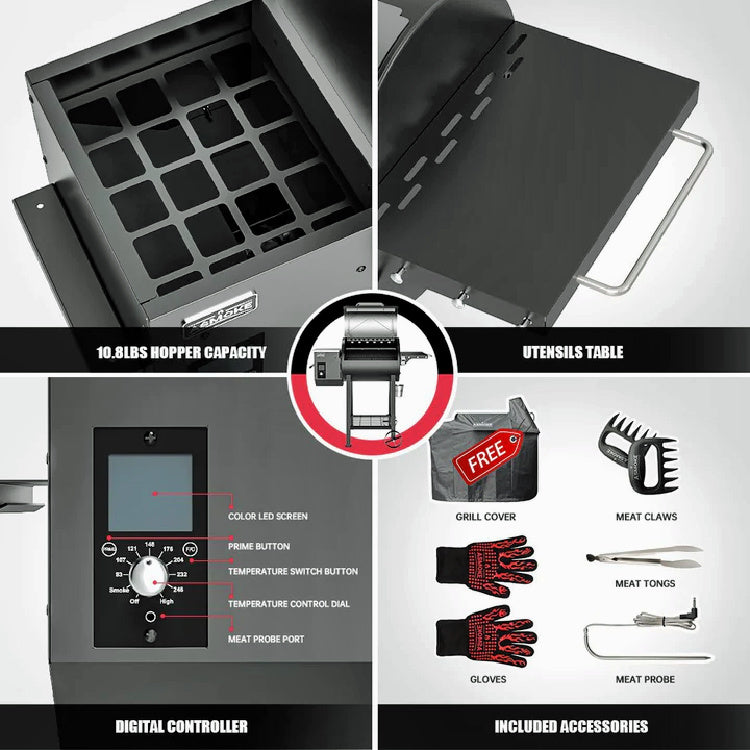 ASMOKE Pellet Smoker AS500N, 4 different views of hopper capacity, utensils table, digital controller, included accessories