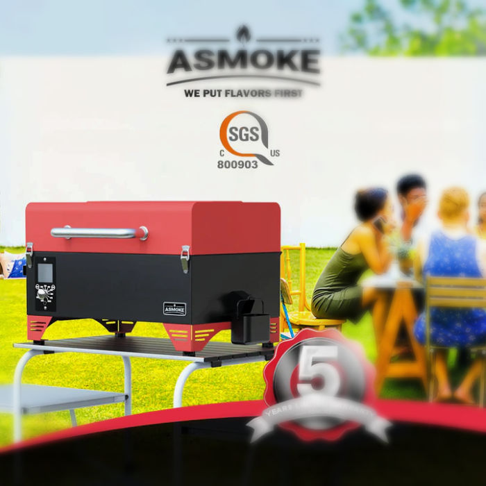 Portable Pellet Grill in Apple Red close up view of smoker on foldable table