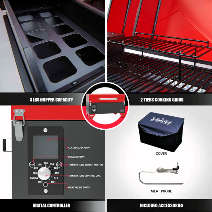Portable Pellet Grill in Apple Red, four different photos of the smoker showing capacity, cooking grids, digital controller and included accessories.