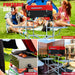 Portable Pellet Grill in Apple Red showing a few different angles with the smoker on folding table