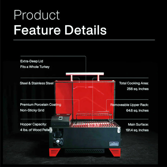 Portable pellet smoker in Burgundy Red, front view showing product feature details