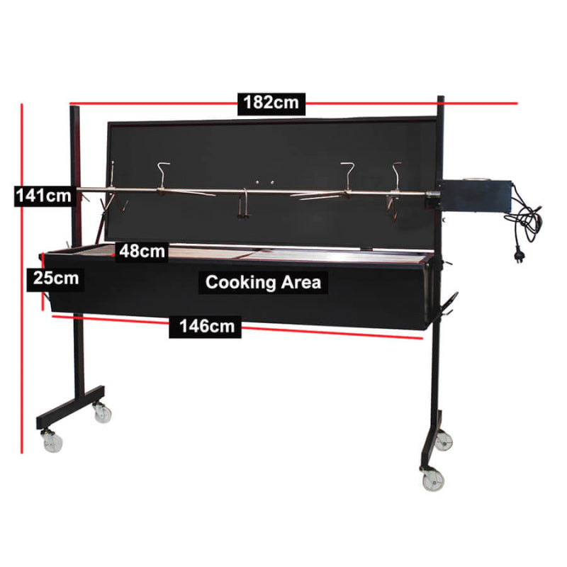 Warrior Pig Spit Roaster - 60kg capacity showing dimensions